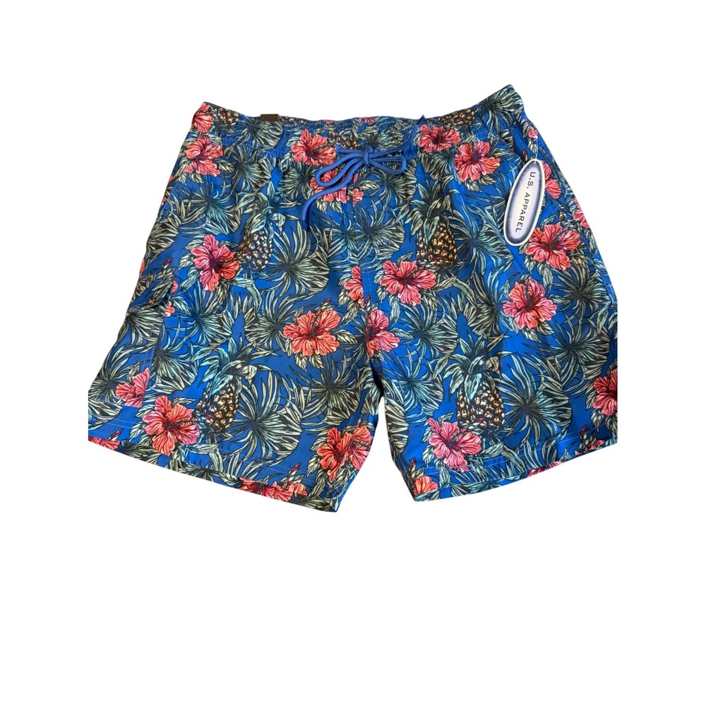 Mens Large Swim Trunks Blue Floral Tropical Drawstring Mesh Lined L